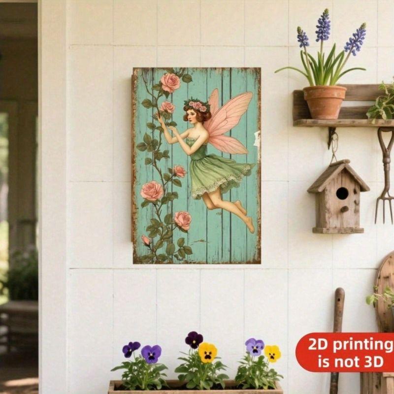 Metal Poster Wall Art Vintage Fairy Pink Wings Mint Green Garden Decor Teen Room Panel
