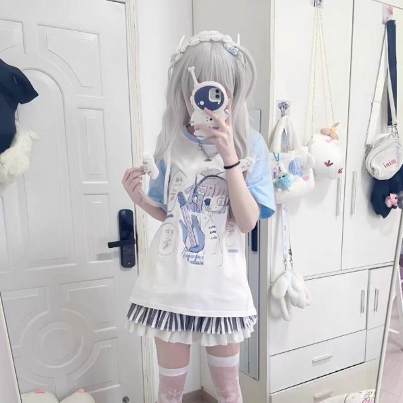 Japanese Kawii Sweet T Shirt Summer New Loose Patchwork Blouse Female Casual Short Sleeve Shirt Outdoor Fashion Clothing