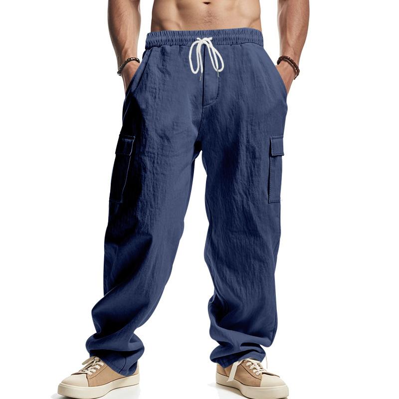 Men's linen trousers four seasons thin section breathable workwear multi-pocket loose casual trend wide-legged trousers