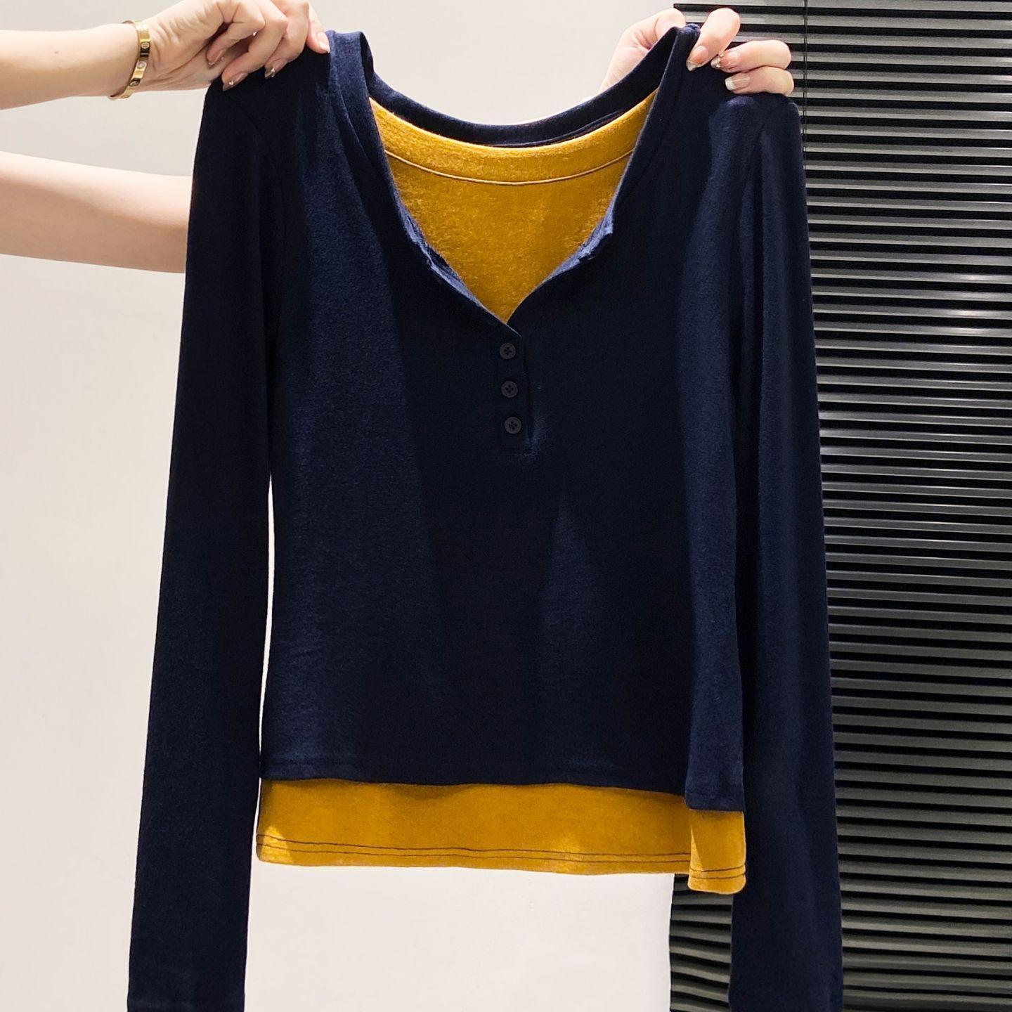 

Plus Size Color Block Long Sleeve German Velvet Two-Piece T-Shirt for Women - Autumn Slim Fit and Warm Inner Layer. 4XL (suggests 181-200 jin) темно-синього кольору