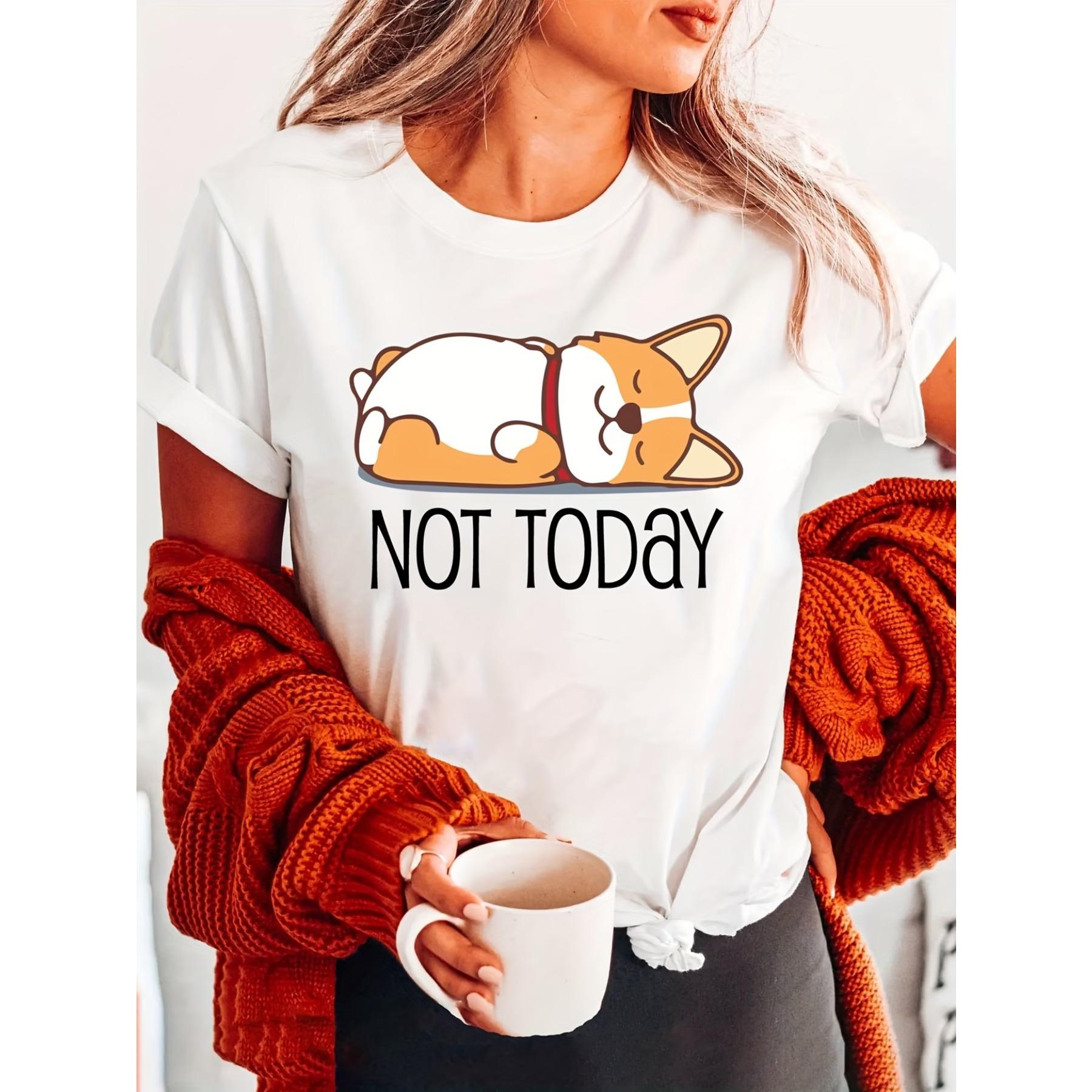 

Lazy Corgi Fashion Letter Print T-Shirt, Short Sleeve Crew Neck Casual Top for Summer & Spring XXL білий