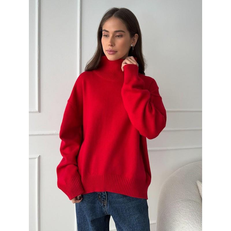 Womens Oversized High-Neck Knit Pullover Sweater Soft Thick Plain Color Casual Long Sleeve Top