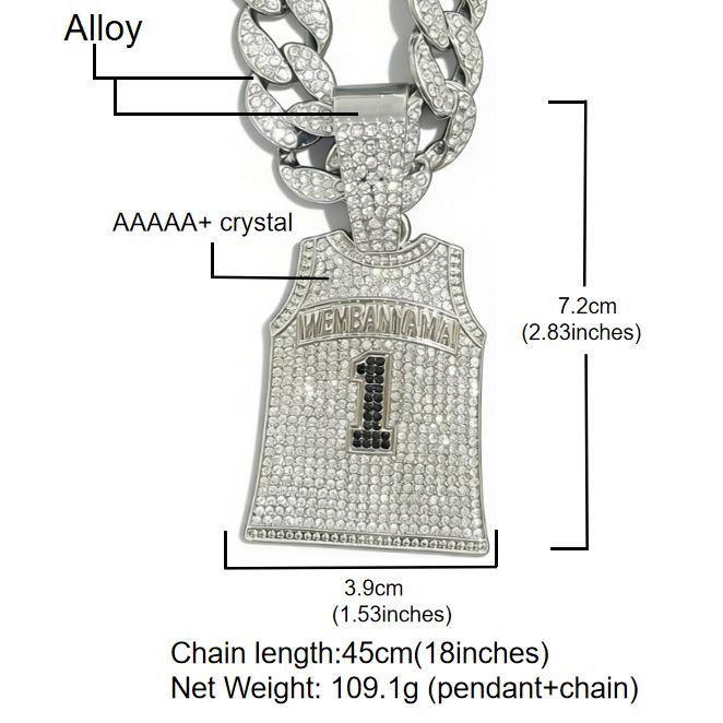 Trendy Alloy Full Diamond Digital Jersey Cuban Chain Street Rap Personality Hip Hop Style Men'S Necklace