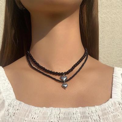 Accessoires, retro schwarze Perlen-Liebes-Doppelschicht-Halskette, Nischen-vielseitige Halskette, Schlüsselbein-Kette für Damen