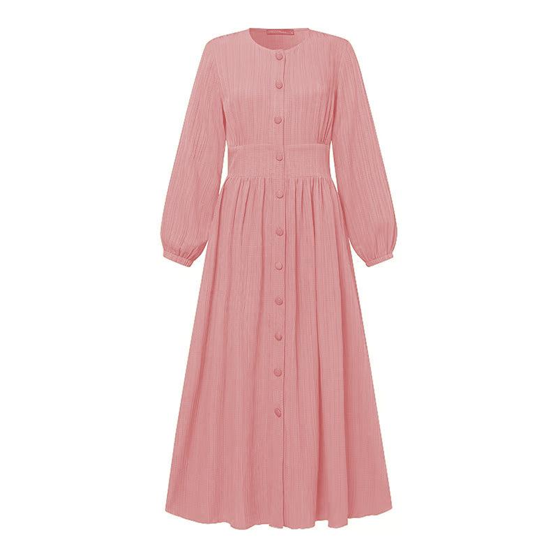 2024 Retro Puff Sleeve Dress: Elegant Solid Color Muslim Women's Clothing for Spring and Autumn