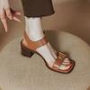 2024 New Summer Women Shoes Square Toe Chunky Heel Women Sandals Cow Leather High Heels Solid Band Shoes Casual Shoes for Women