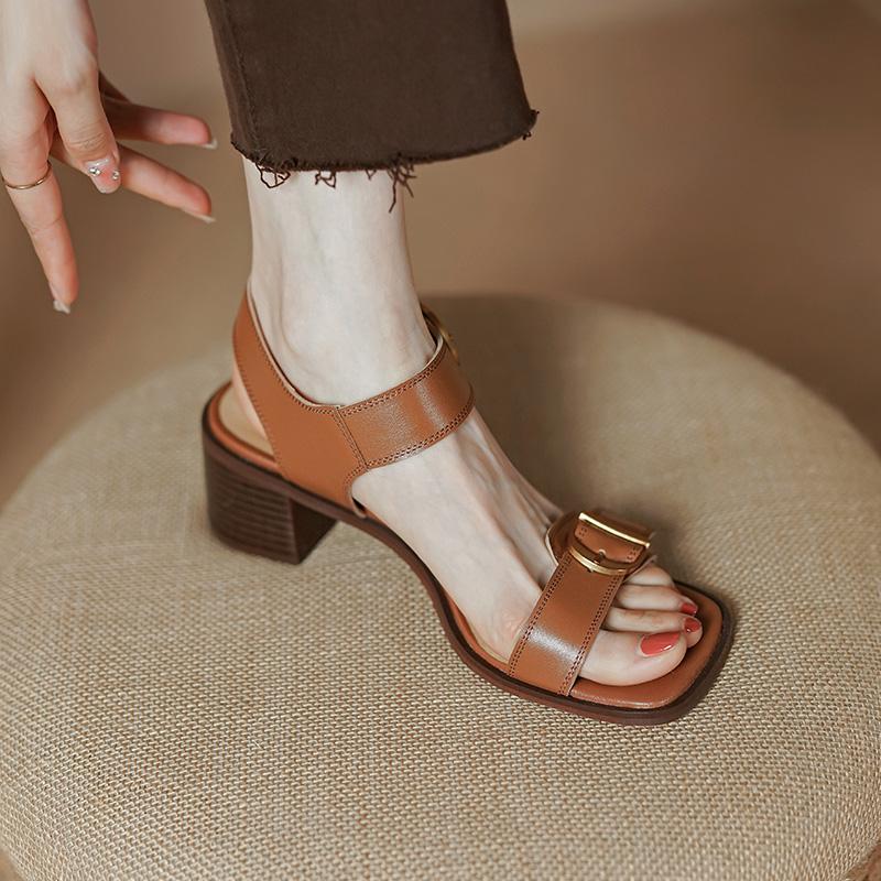 2024 New Summer Women Shoes Square Toe Chunky Heel Women Sandals Cow Leather High Heels Solid Band Shoes Casual Shoes for Women