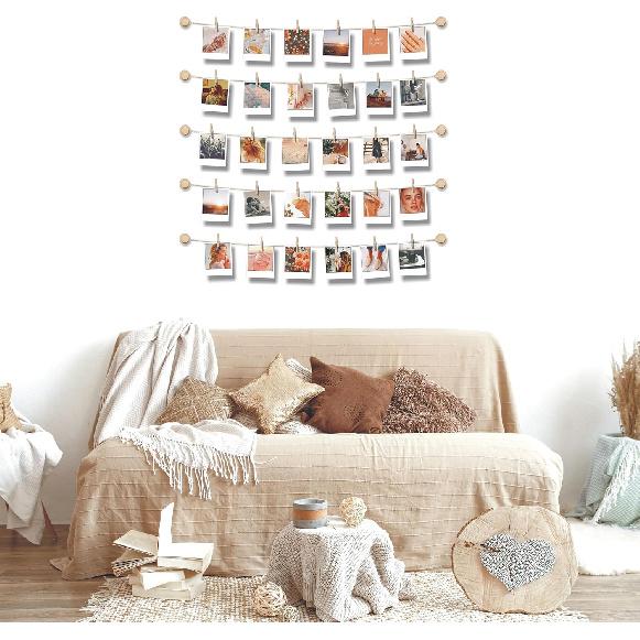 Hanging Photo Display Room Wall Decor - Sculptural Picture Frames Collage - 5 Strings with 30 Clips - 3M Self Adhesive Hooks - No Holes Drilling - 30