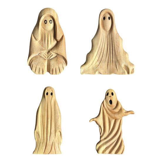 Halloween Ghost Sculpture Creepy Wood Carving Ghost Statue Figurine Table Sign Home Office Desktop Decoration Ornament
