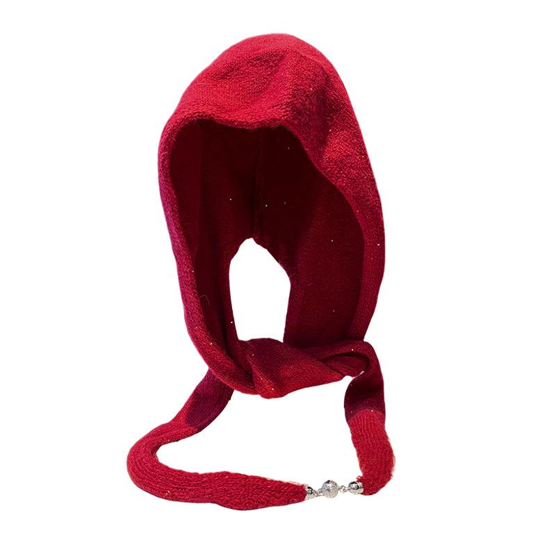Korean version ins balaclava hat scarf integrated warm red knitted hat ear protector wool hat big head circumference