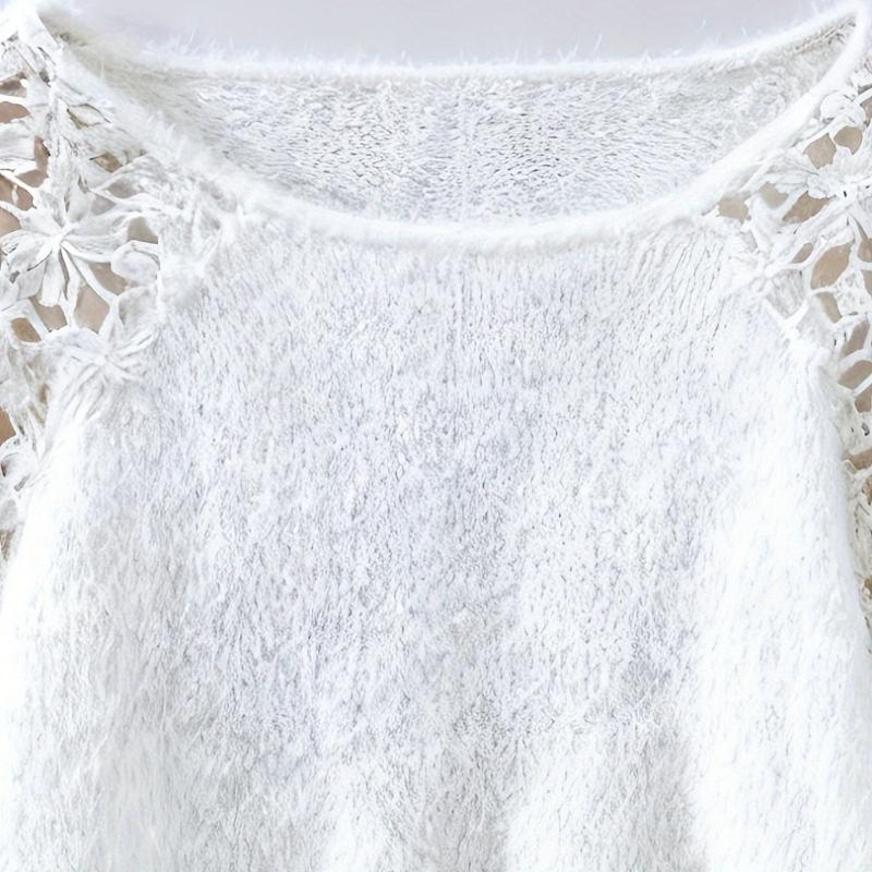 Damen Pullover mit Hohlmuster-Spitze, schulterfrei, Spitzenärmel-Patchwork, flauschig und elegant
