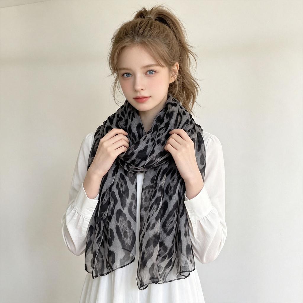 Retro black and gold leopard print white silk scarf autumn and winter new fashion light luxury high temperament warm scarf shawl dual-purpose