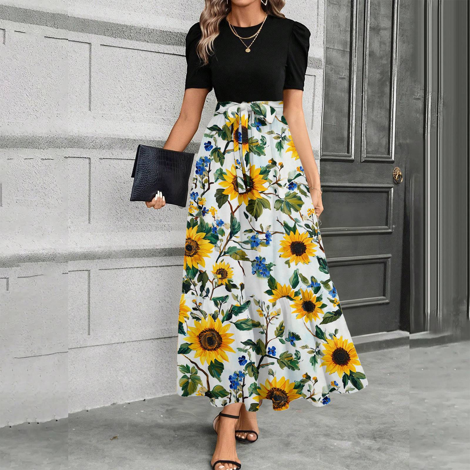 

Short Sleeve Women s Dress Casual Flowy A-Line Midi Tshirt Dresses With Pockets Crewneck Vocation Boho Beach Sundress XL жовтий