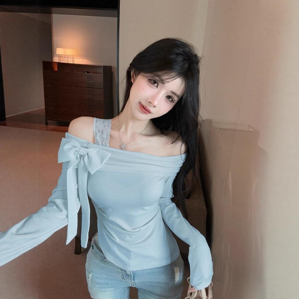 Temperament versatile bow one-word off-shoulder long-sleeved T-shirt slim-fitting and thin lace one-shoulder suspender design top