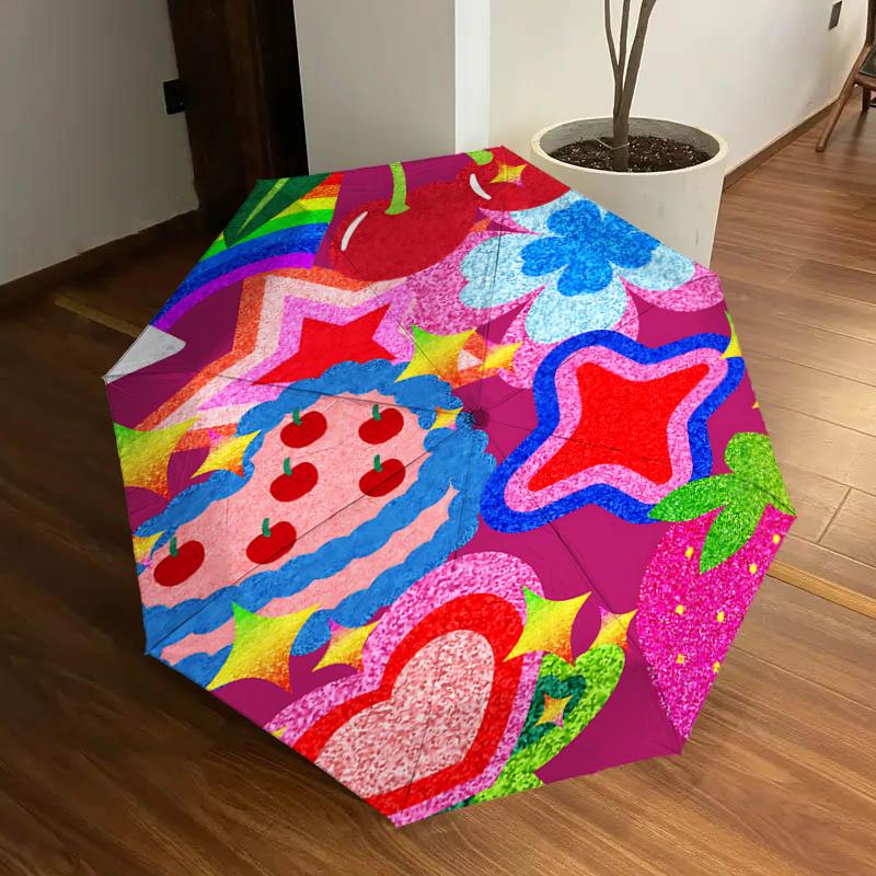 

Cherries & Flowers Automatic Folding Umbrella - Portable 3-Fold Design with 8-Bone Iron Frame, Perfect for Festivals, Travel, Daily Use, and