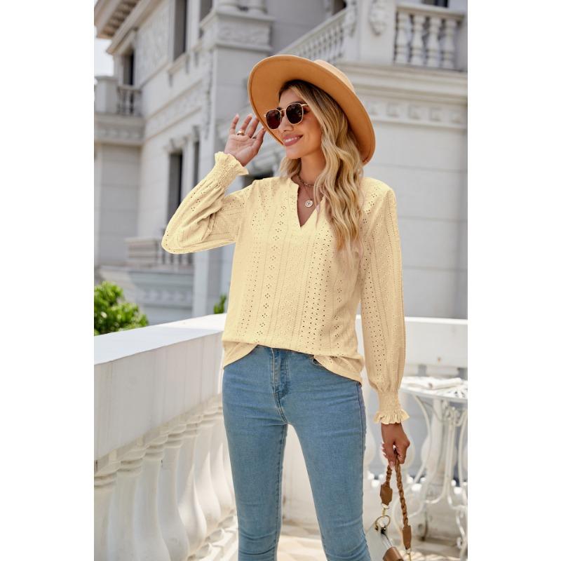 Autumn new style hollow pleated ruffled sleeve V-neck women's casual shirt, fashionable pink elegant women's long-sleeved top