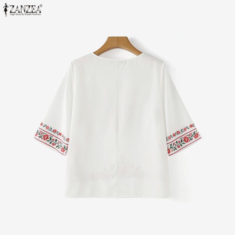 ZANZEA Women Casual Round Neck Ethnic Print Loose Half Sleeve Blouse