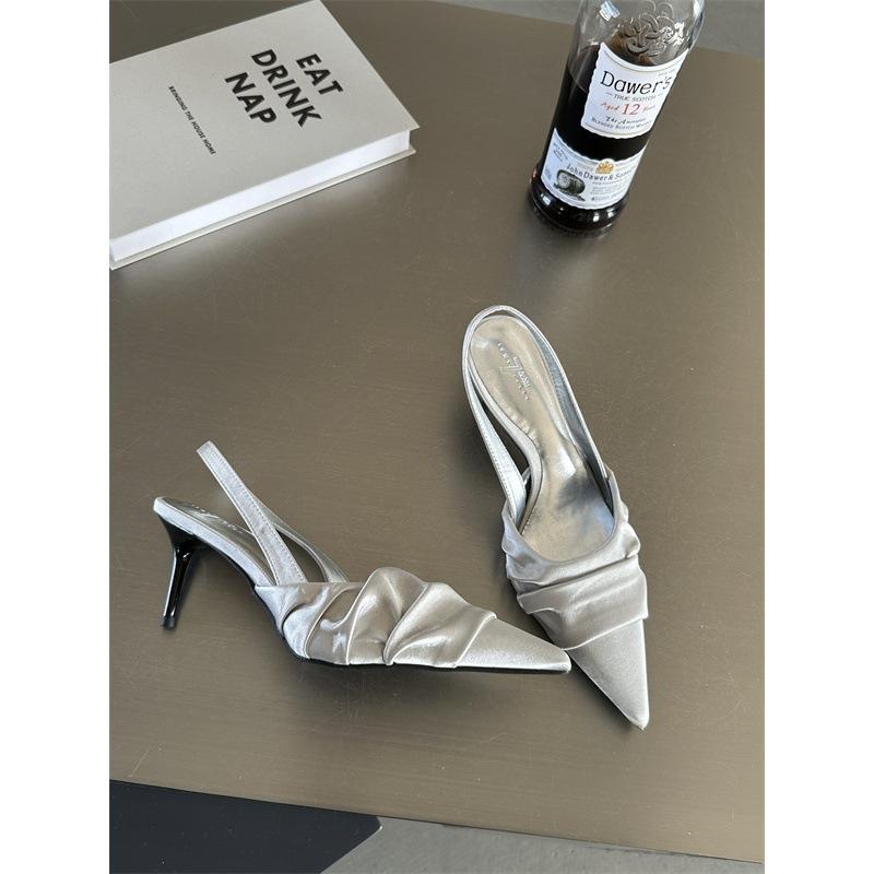 

2025 spring and autumn new pointed shoes children thin heel bag head sandals women s shoes fashion temperament fairy wind folds 39 серебряный