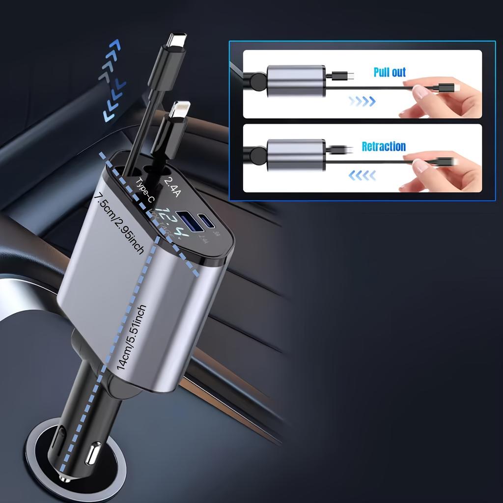 4 v 1 120W zatahovací nabíječka do auta s USB typu C pro iPhone, Huawei, Samsung a rychlonabíjecí kabel s adaptérem do zapalovače cigaret