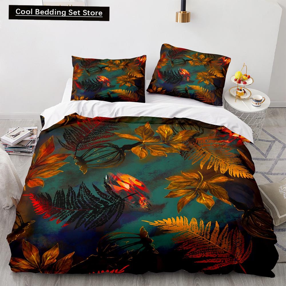 Tropical Plants Floral King Queen Duvet Cover Green Palm Leaves Bedding Set Cream-colored Flowers 2/3pcs Polyester Quilt Cover