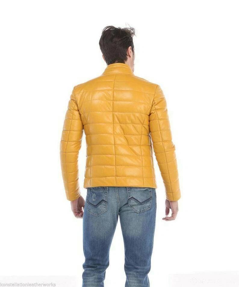 Yellow Men's Puffer Jacket Real Soft Lambskin Leather Stylish Motorcycle Biker Casual Fit