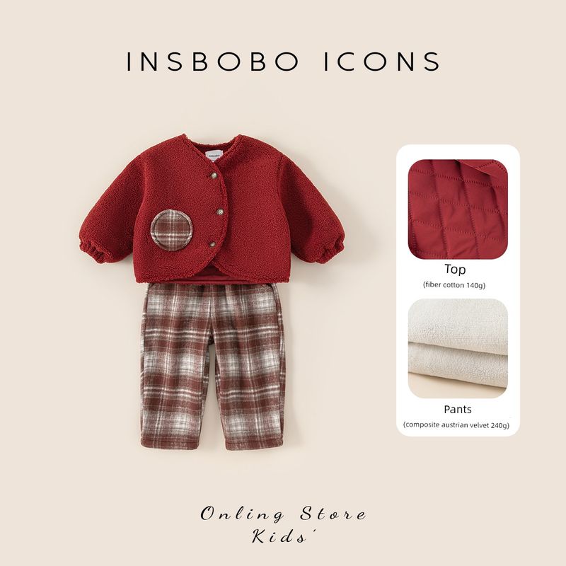 Insbobo Girls  Suit 2025 Winter Boys  Stylish Thickened Top Baby Fashion Casual Pants Autumn and Winter Clothing Red 80 cm