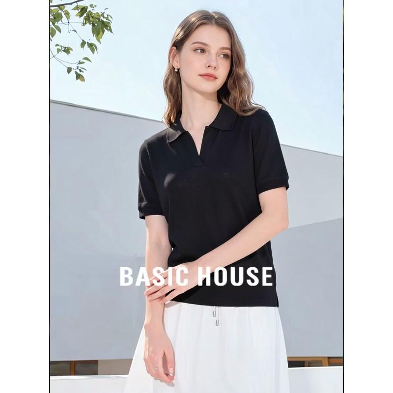 Basic House Women s Black Tencel Polo Neck Short Sleeve Knit Top XL