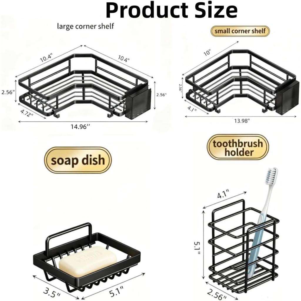 5-Pack Adhesive Shower Caddy - Rustproof Stainless Steel Bath Organizer, No-Drill Installation & Large Capacity | With Soap Dish & Toothbrush Holder