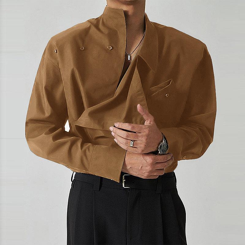 2026 Spring and Autumn New Design Irregular Collar Men's Shirt, Unique Buttoned Long Sleeve Shirt
