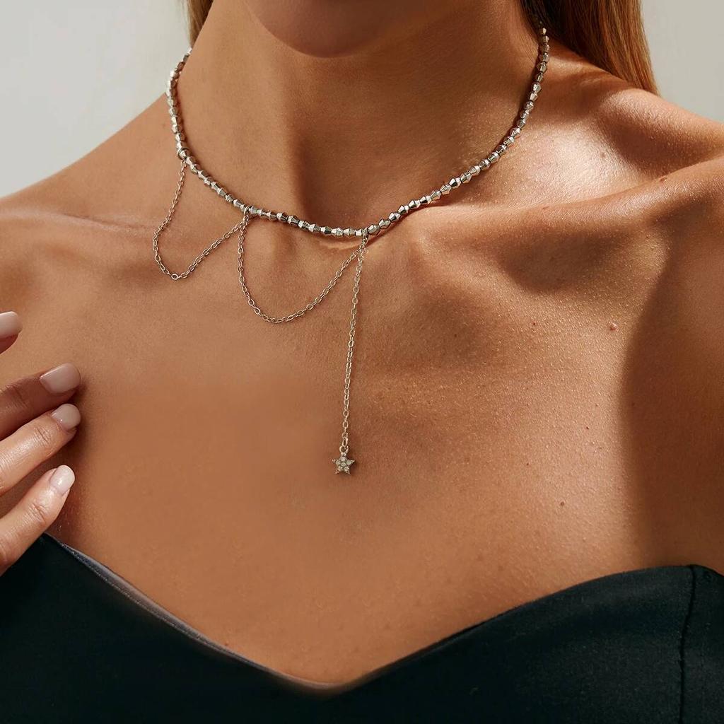 Ingemark Minimalism Trendy Beaded Chain Necklace for Women Bohemia Silver Color Star Pendant Chokers Necklace Party Jewelry Gift