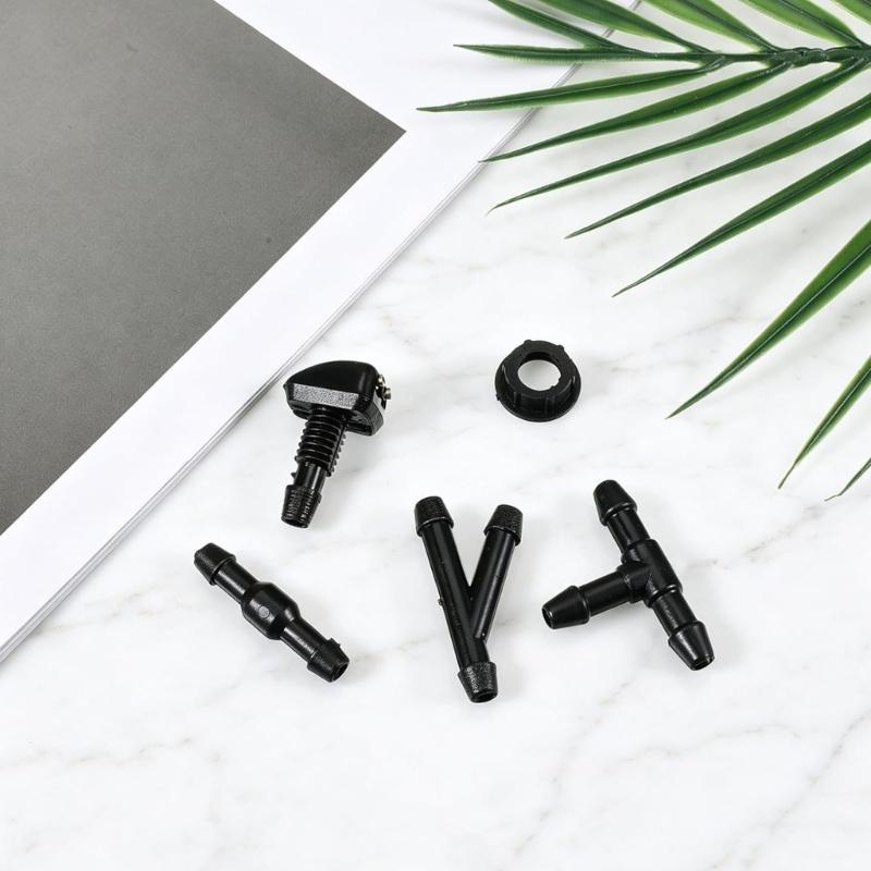 Two-Jet Windshield Washer Nozzle Kit with Adjustable Washer Heads, Hose and Fitting Pieces for Vehicle Washer Replacement Maintenance