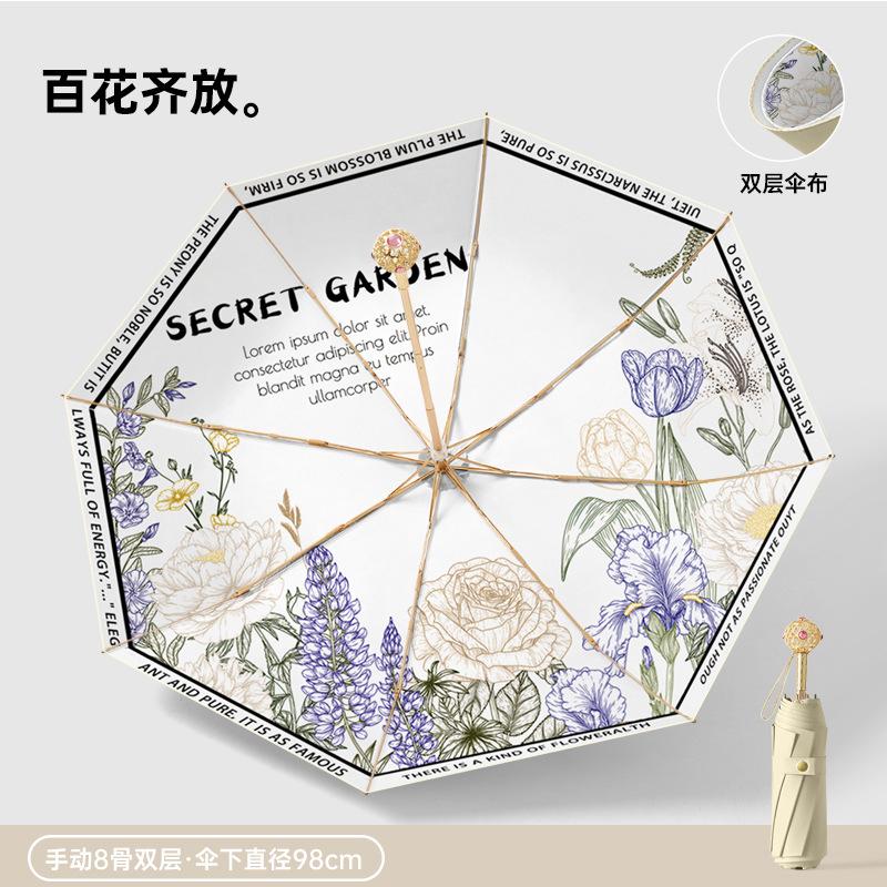 2025 explosive three-fold 8-bone color glue double-layer digital weather and rain dual-purpose light luxury exquisite handle parasol