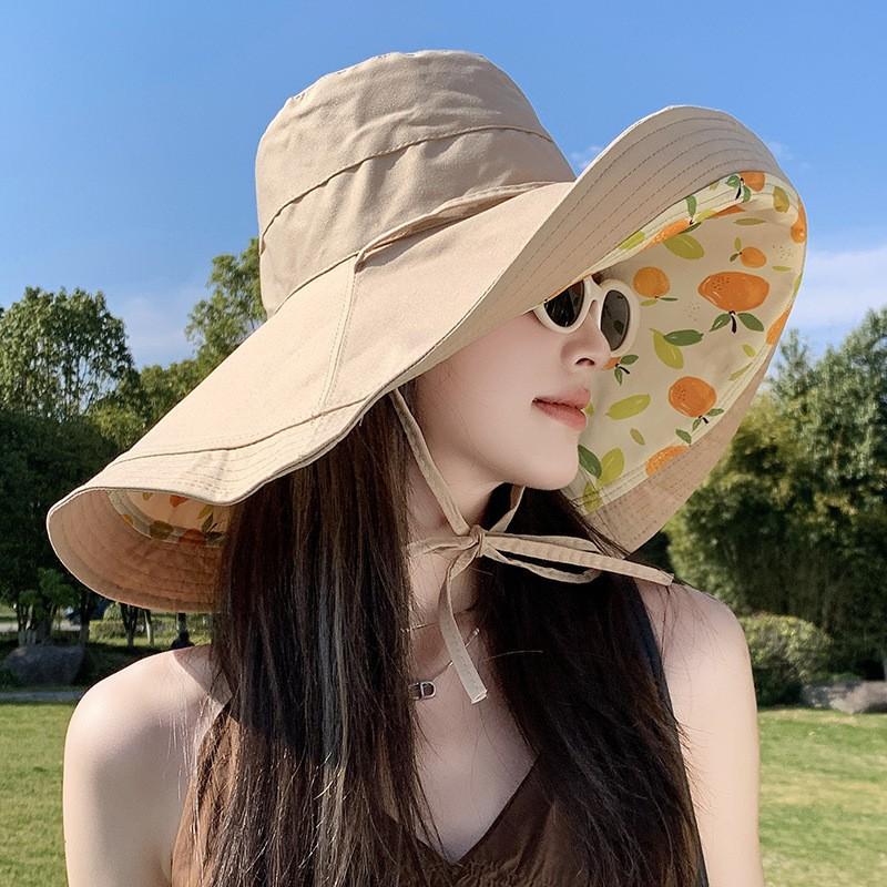 Sun Hat Women's Summer Big Brim Double-sided Bucket Hat Showing Face Small Hat Sun Protection and UV Protection Sun Hat