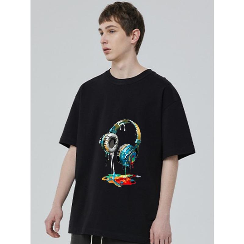 Black Oversized T Shirt with Colorful Headphones Dripping Paint Design for Music Lovers and Streetwear Fashion