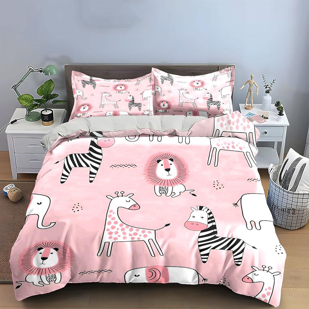"Pink Jungle Animals Bedding Set" kid's and adults' bedroom decor, Exquisite three-piece bedding set gift
