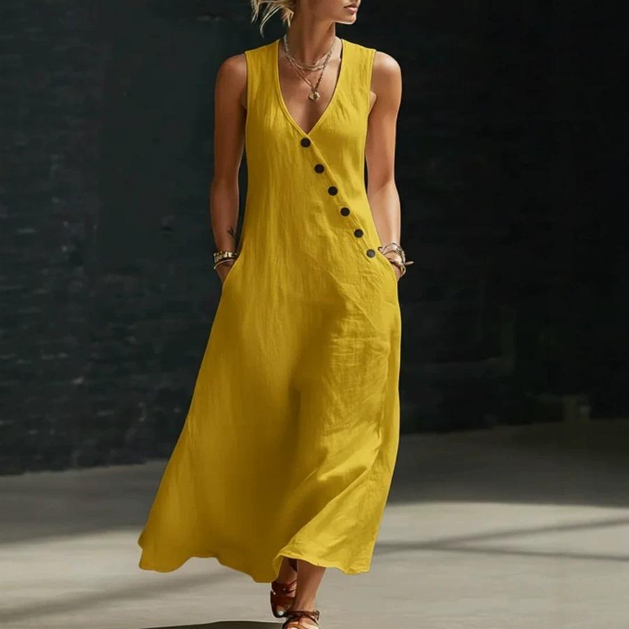 Spring and Summer European and American Lazy Style V-neck Breasted Sleeveless Vest Anti-cotton and Linen Casual Dress