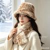 Plush Sika Deer Pattern Scarf Bucket Hat Women's Autumn and Winter New Warm Versatile Pot Hat High Value Hat