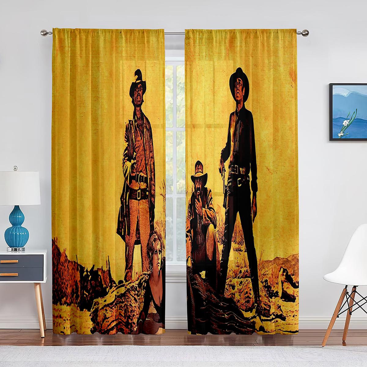 Westerse Cowboy Cowboy Paardrijden Sheer Voile Gordijnen voor Woonkamer Slaapkamer Keukenraam Chiffon Tule Gordijn Decoratie 1 PCS W100XH250cm&Rod Pocket