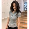 Pull Off the Lining Paper, Summer Hong Kong Style Round Neck Open Button Front Shoulder Short Sleeve T-shirt Women's Korean Version Slim Top