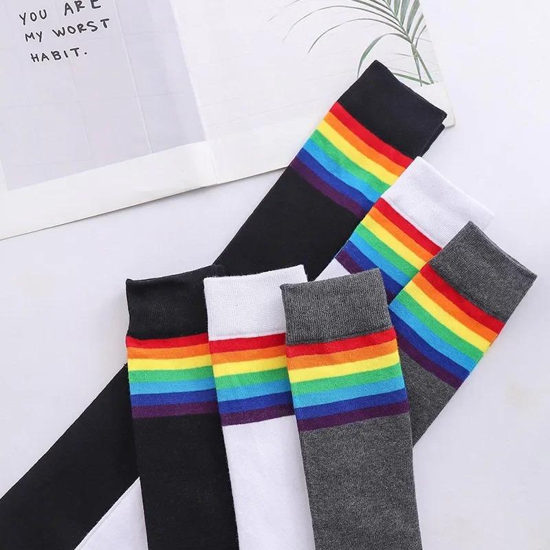 Womens Thigh High Stocking Rainbow Striped Ladies Girls Black White Long Winter Over Above Knee Socks Blue Y2K Japanese Femboy