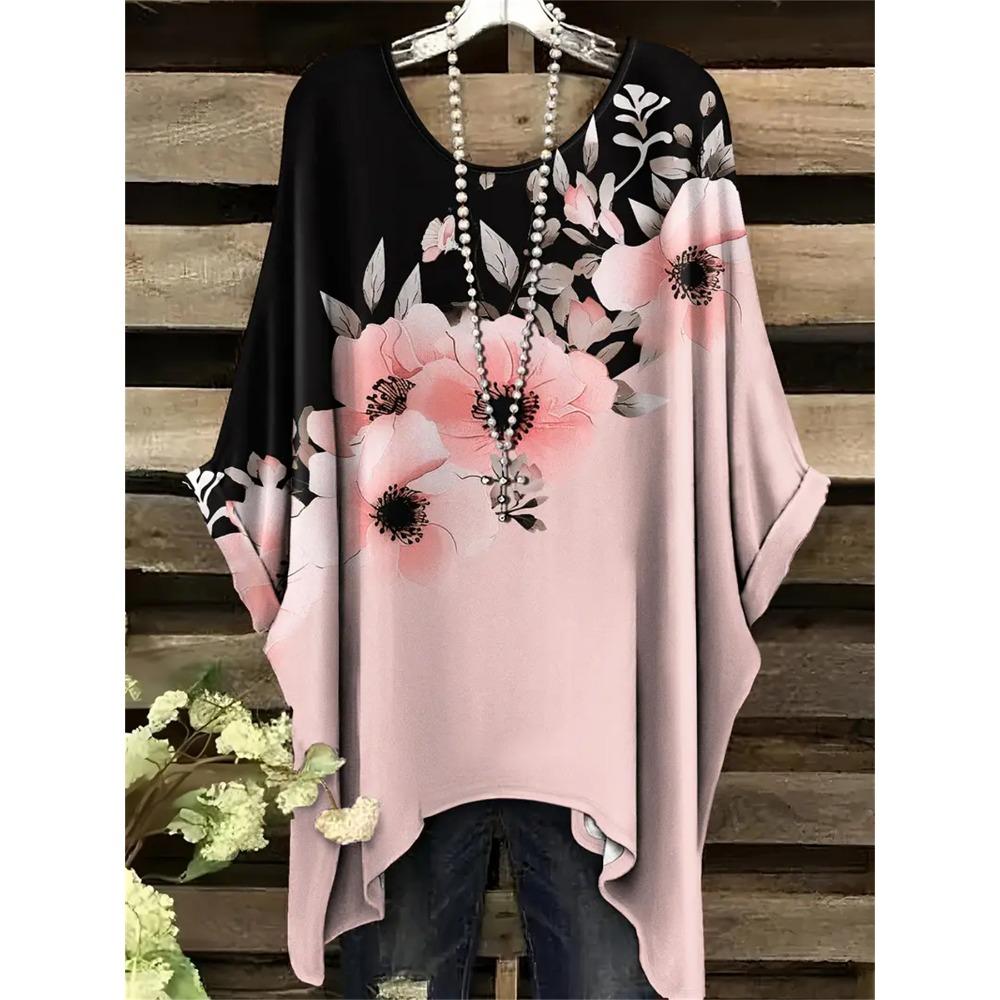 Plus Size Women's Casual T-Shirt - Pink Floral Print with Black Embellishment