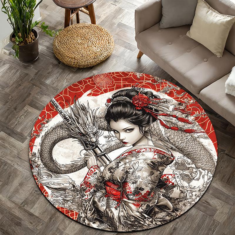 

Geisha retro style Flannel-printed round floor mats are slip-resistant Suitable for living room bedroom terrace garden carpets 60cm