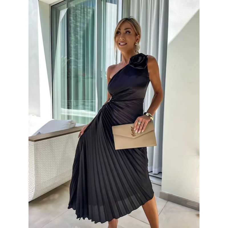 Fashion Solid Casual Sexy Temperament One Shoulder Slant Collar Pleat Hollow Out Formal Dress Long Dress Summer Long Dress