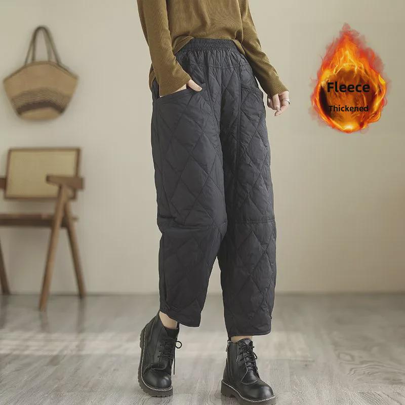 Women's High Waisted Padded Quilted Down Pants Winter Warm Windproof Ski Snow Pants with Pockets