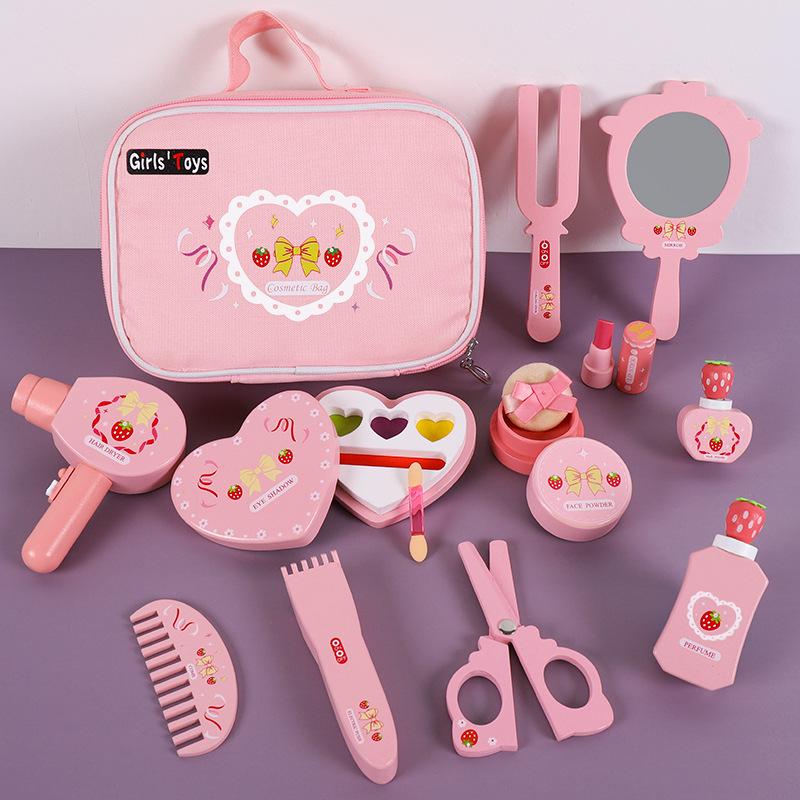 Korean Style Wooden Makeup Play Set: Pretend Eyeshadow, Powder, Lipstick, Perfume, Hair Accessories.