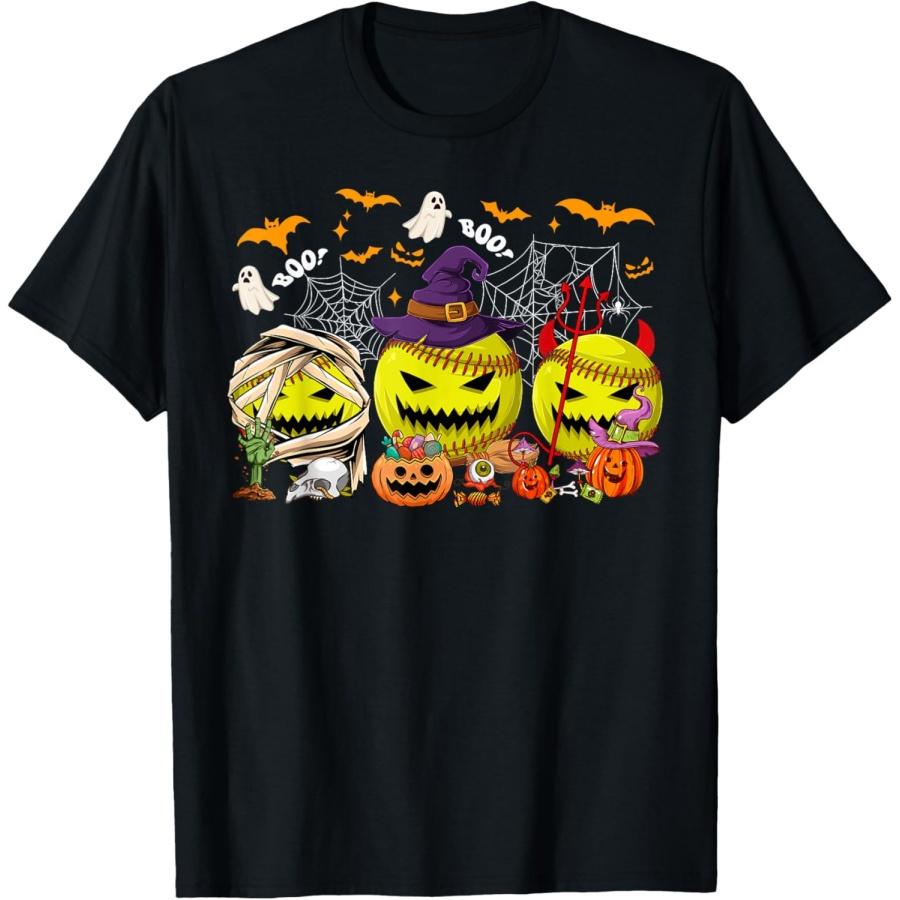 Funny Mummy Witch Devil Softball Balls Happy Halloween Day T-Shirt S
