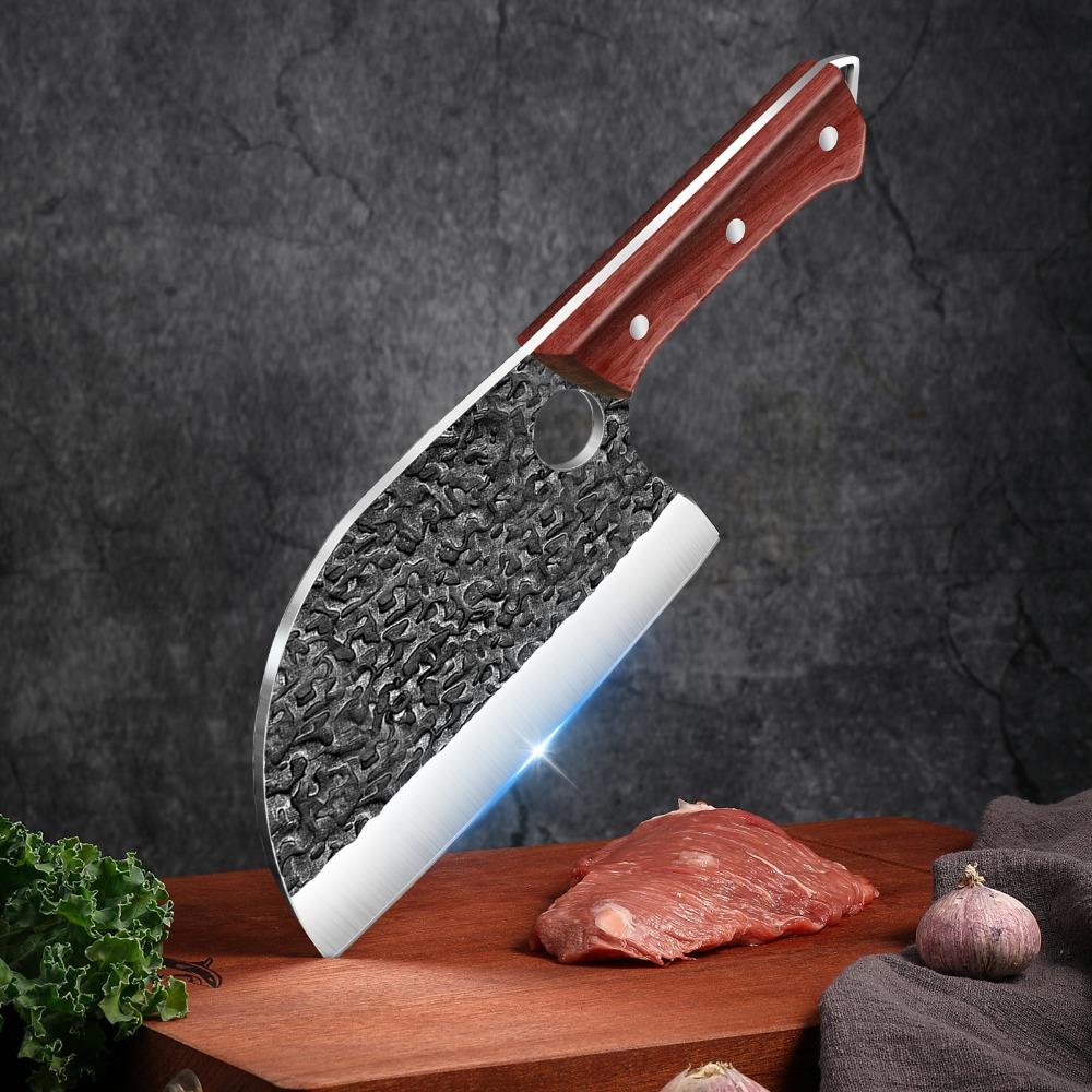 Stainless Steel Kitchen Knife Hand Forged Hammered Chef's Knife Meat Cleaver Fish Bone Splitting Slicing Knife with Leather Case