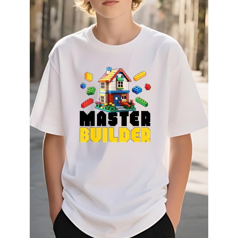 Boys Crewneck T-Shirt, Trendy House Print Short Sleeve Summer Tee 110