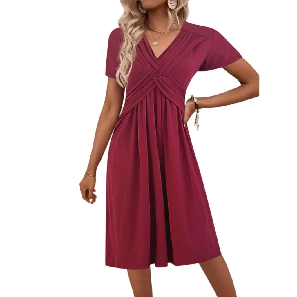 Women's Short Sleeve Dress Casual Plus Size V Neck Dress Flowy Beach Sundress With Pockets