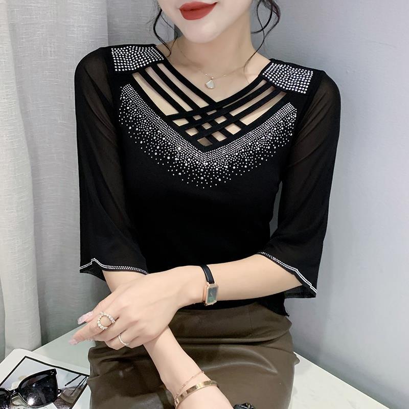 2024 Summer Mesh Fashion Cross Hollow Hot Drill Slimming Sun Protection Top for Women